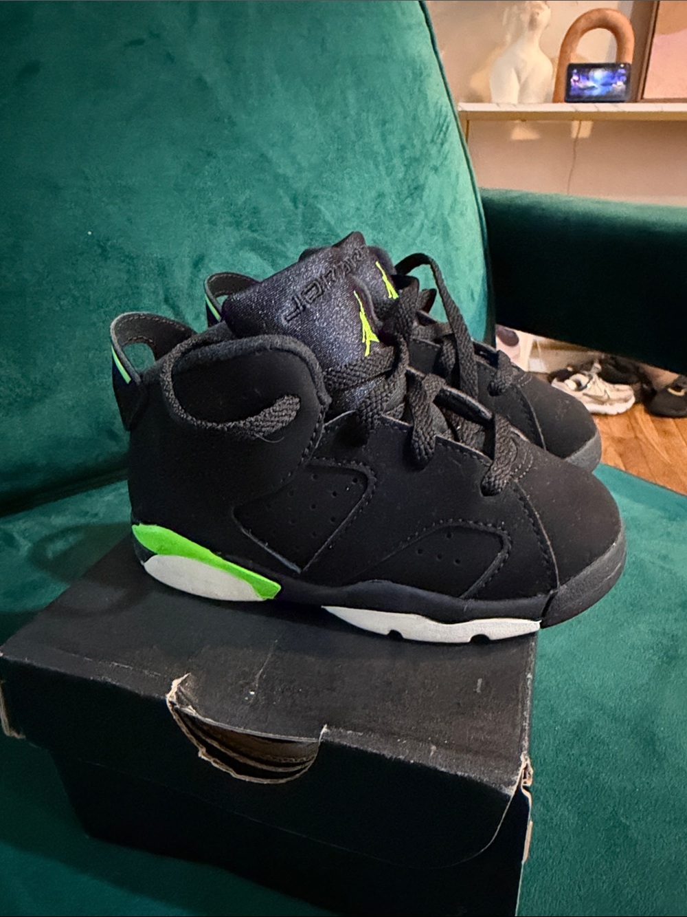 Jordan Kids Black & Neon Green High-Top Sneakers